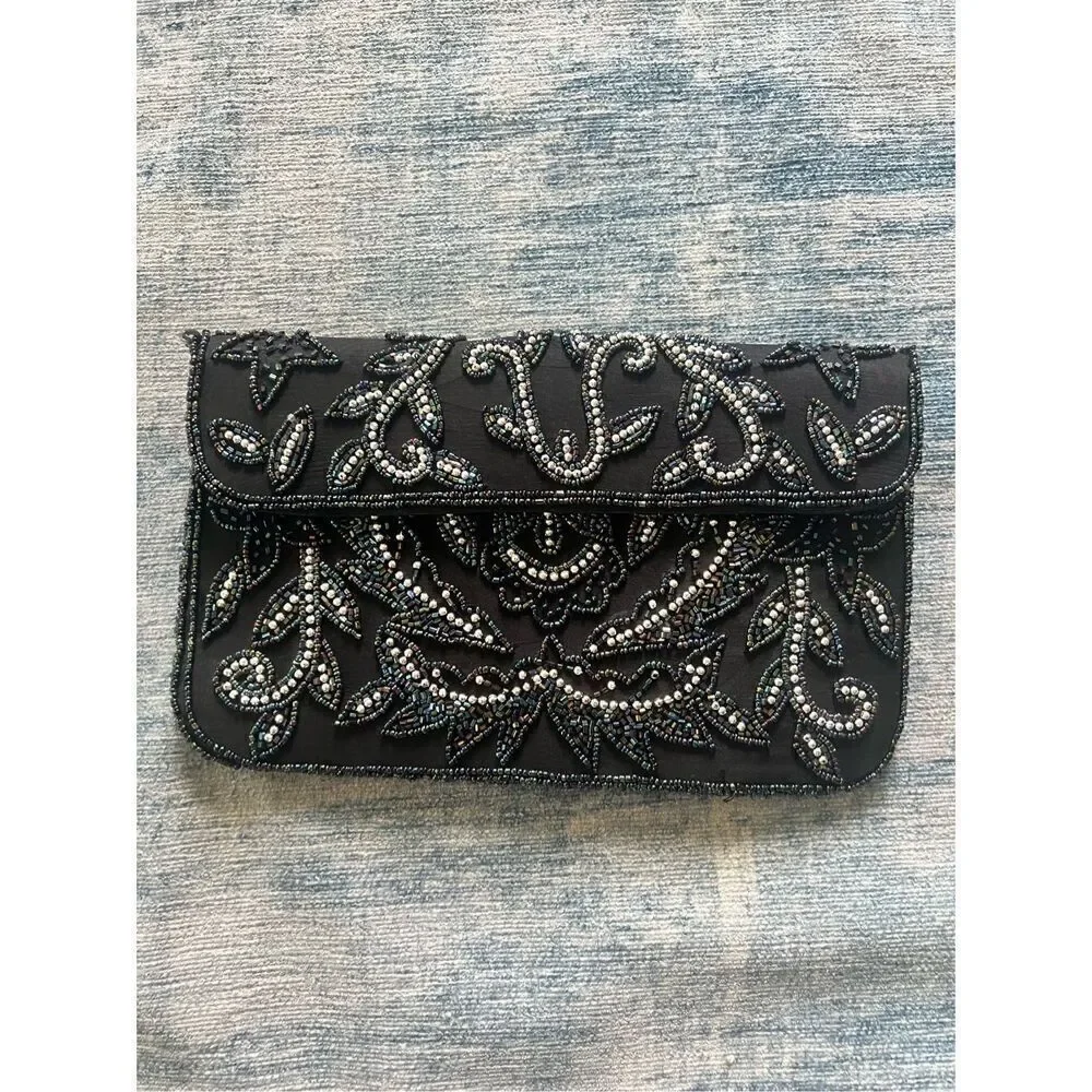 Black Silver Iridescent Floral Beaded Fold Over Magnetic Closure Clutch Bag